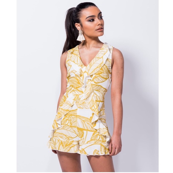 Leaf Print Frill Detail Playsuit - Picture 2 of 8